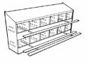 Ink drawing of a two-story, 12-nest metal layer unit with air circulation holes at both end and between the metal-divided nests plus entry/roosting rails running the length of the unit.