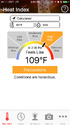 Face of phone showing Heat Safety Tool with temperature-humidity-heat index- and indication of risk to humans.
