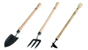 Short-handled spade, garden fork, and hoe against a white background.