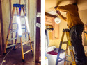 Left pic of yellow step-ladder with 2 tubular LED lights attached - one to a leg on each side of the ladder. Rt pic of a man on the step-ladder with the lights illuminating his work on a ceiling fixture.