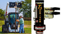 Left pic of skid steer with DAnuser T3 Post-Driver Attachment putting a post into the ground. Rt pic of the Post-Driver Attachment.