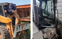  Left pic - Man climbing out of skid steer with the help of a skid steer folding grab bar. Rt pic of folding grab bar on skid steer.