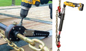 Left pic of drill-powered chain binder tightening a chain. Rt pic of drill-powered chain binder in a different configuration.