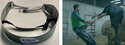 Left pic of calving assist belt. Rt pic of man wearing calving assist belt while delivering a calf in a farm building.