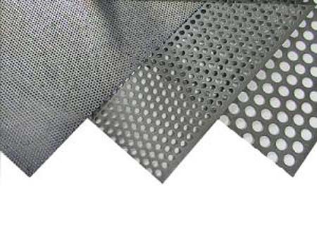 Pictured are examples of fine-meshed, small-perforation, and larger-perforation metal wall/ceiling-covering materials.